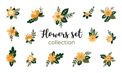 Blooming flowers collection. Hand drawn romantic flowers composition in pastel colors for baby