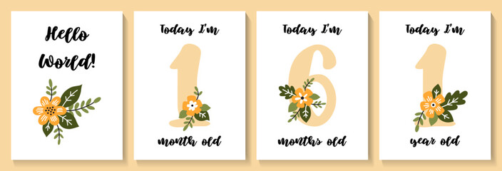 Baby shower print with cute flowers capturing all the special moments. Baby milestone number cards. Vector illustrations