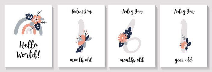Baby shower print with cute flowers capturing all the special moments. Baby milestone number cards. Vector illustrations
