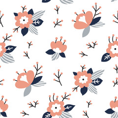 Seamless pattern with cute flowers. Hand drawn romantic flowers in pastel colors for kids textile. Apparel childish print. Vector illustrations