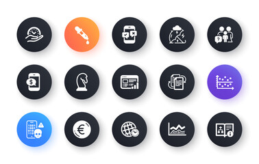 Minimal set of Stress protection, Dot plot and Phone payment flat icons for web development. Marketing strategy, Family questions, Cyber attack icons. Trade infochart, Euro money. Vector