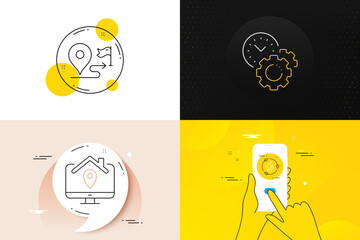 Minimal set of Work home, Time management and Journey line icons. Phone screen, Quote banners. Green electricity icons. For web development. Freelance work, Settings, Trip distance. Vector