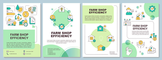 Farm shop energy efficiency green brochure template. Leaflet design with linear icons. Editable 4 vector layouts for presentation, annual reports. Arial-Bold, Myriad Pro-Regular fonts used