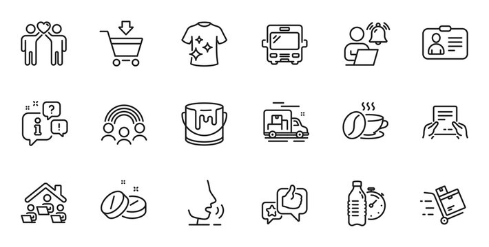 Outline set of Online market, User notification and Fitness water line icons for web application. Talk, information, delivery truck outline icon. Vector