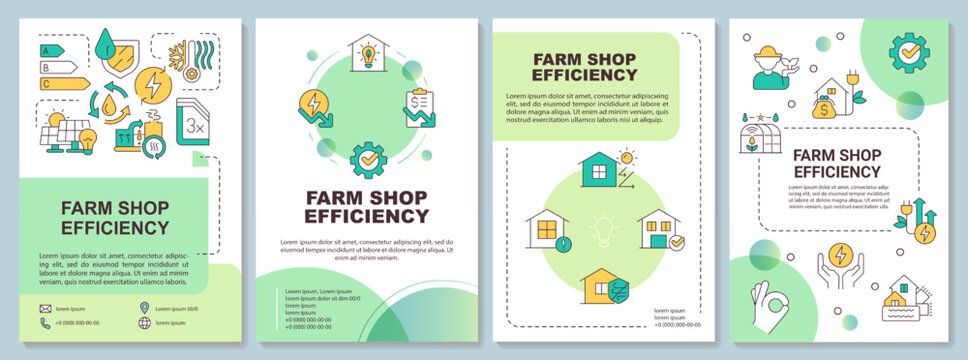 Farm shop energy efficiency green brochure template. Leaflet design with linear icons. Editable 4 vector layouts for presentation, annual reports. Arial-Bold, Myriad Pro-Regular fonts used