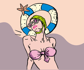 girl in pink bikini vector for card illustration background
