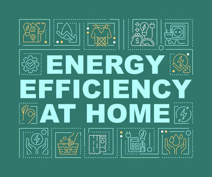 Energy efficiency at home word concepts dark green banner. Infographics with editable icons on color background. Isolated typography. Vector illustration with text. Arial-Black font used
