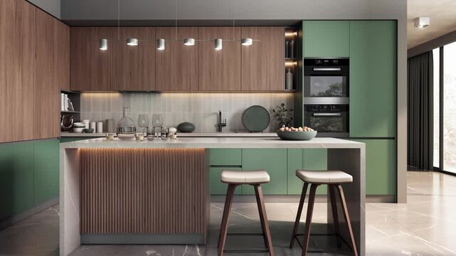 Animacja nowoczesnej i przestronnej kuchni, prezentująca to samo wnętrze w r&oacute;żnych wersjach kolorystycznych ze zmieniającymi się dekorami i materiałami wykończeniowymi.