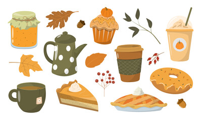 Collection of seasonal pumpkin spices, food, and drink. Set of autumn delicious sweet desserts or pastries. Isolated on white background. Modern colorful vector illustration.