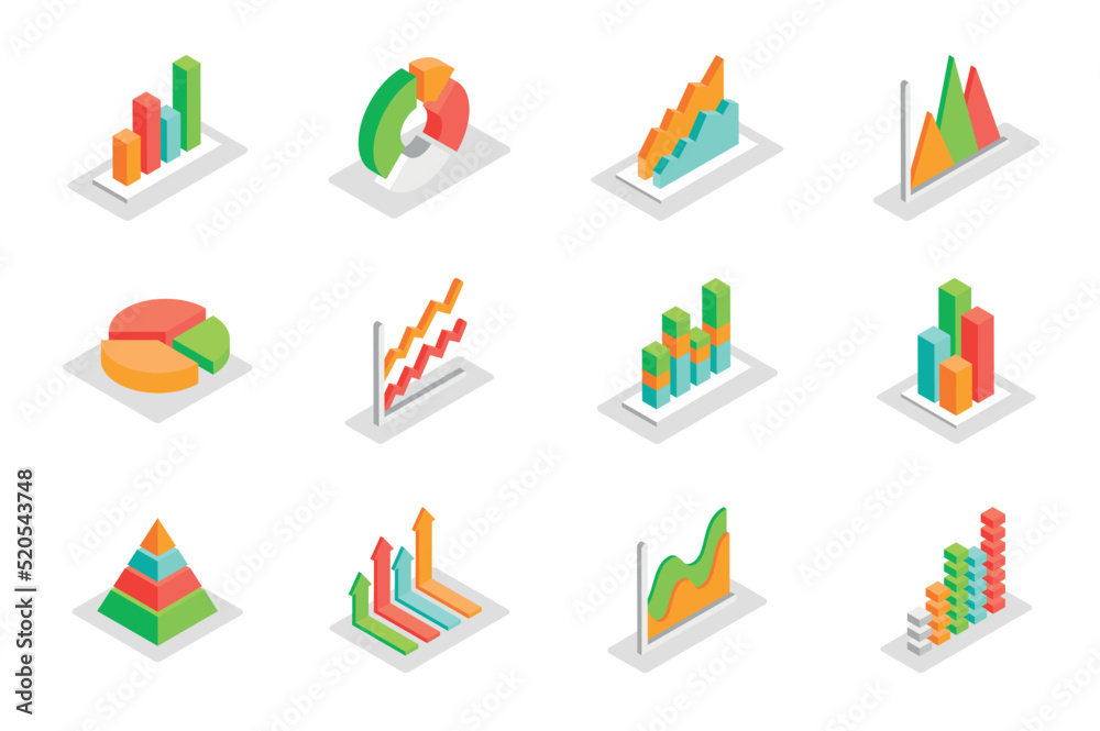 Poster Graph and charts concept 3d isometric icons set. Bundle elements of bar and pie chart, segment, pyramid, arrows, data analysis, statistics and other. Vector illustration in modern isometry design