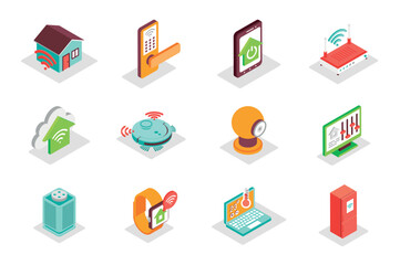 Smart Home concept 3d isometric icons set. Bundle elements of remote monitoring, automation, security system, electronic control, settings and other. Vector illustration in modern isometry design