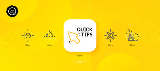 Fototapeta na wymiar Cleaning, Skin care and Copywriting network minimal line icons. Yellow abstract background. Parcel delivery, Quick tips icons. For web, application, printing. Vector