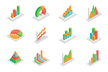 Graph and charts concept 3d isometric icons set. Bundle elements of bar and pie chart, segment, pyramid, arrows, data analysis, statistics and other. Vector illustration in modern isometry design