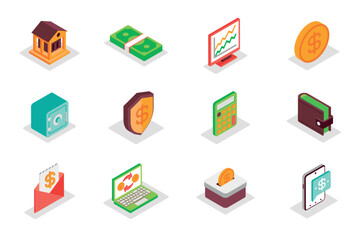 Finance concept 3d isometric icons set. Bundle elements of bank, money, data analysis, coin, safe, calculator, accounting, wallet, tax, payment and other. Vector illustration in modern isometry design