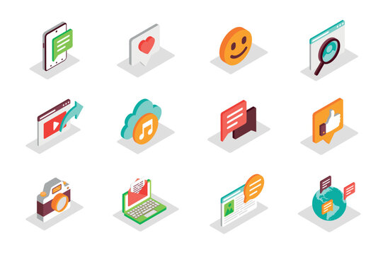 Social media concept 3d isometric icons set. Bundle elements of comment, emoji, search, sharing link, video content, music cloud streaming and other. Vector illustration in modern isometry design