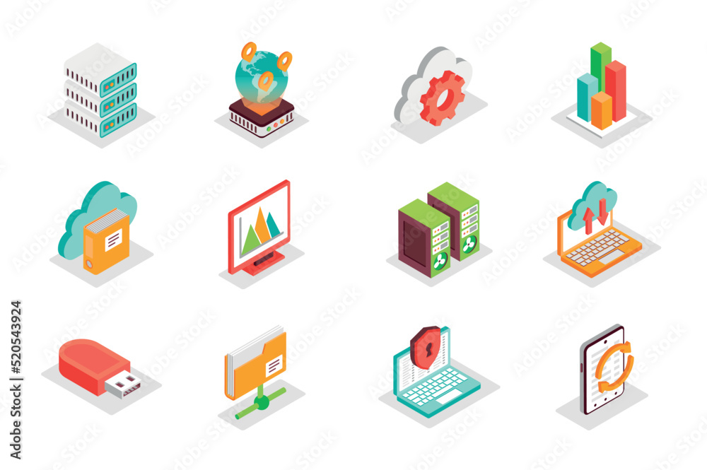 Fototapete Big Data concept 3d isometric icons set. Bundle elements of server, internet, cloud, chart, information, graph, memory, folder, datum analysis and other. Vector illustration in modern isometry design