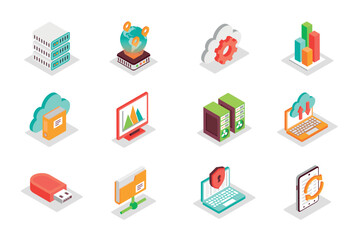 Big Data concept 3d isometric icons set. Bundle elements of server, internet, cloud, chart, information, graph, memory, folder, datum analysis and other. Vector illustration in modern isometry design