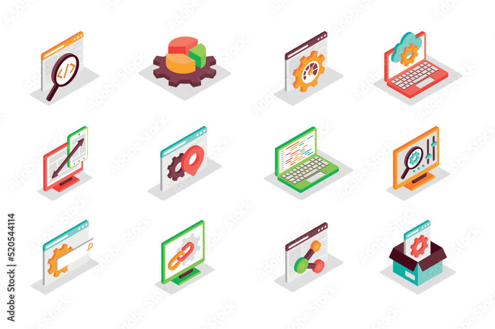 Aufkleber Digital development and SEO concept 3d isometric icons set. Bundle elements of code, optimization, chart, graph, settings, speed, search, link and other. Vector illustration in modern isometry design