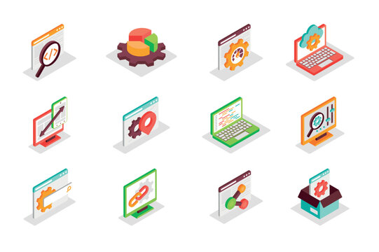 Digital development and SEO concept 3d isometric icons set. Bundle elements of code, optimization, chart, graph, settings, speed, search, link and other. Vector illustration in modern isometry design