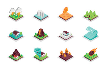 Natural disaster concept 3d isometric icons set. Bundle elements of thunderstorm, drought, volcano eruption, tsunami, forest fire, meteorite and other. Vector illustration in modern isometry design