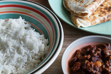 Chili con carne in a bowl with white rice