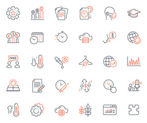 Science icons set. Included icon as Article, Slow fashion and Graph chart web elements. Calendar time, Cloud computing, Gluten free icons. Project deadline, World statistics, Timer web signs. Vector - obrazy, fototapety, plakaty