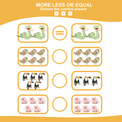 Math educational game for children. Choose more, less or equal game. Educational printable math worksheet. Vector illustration in cartoon style.