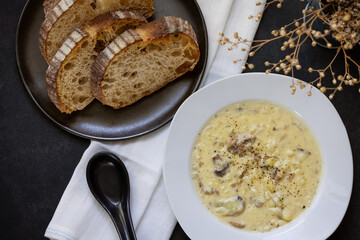 mushroom cream soup with sliced bread toast
