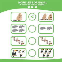 Math educational game for children. Choose more, less or equal game. Educational printable math worksheet. Vector illustration in cartoon style.