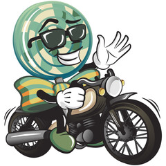 vector illustration of lollipop mascot character riding a big motorbike
