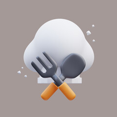 3d rendering illustration of cute kitchen tools chef hat with fork and spoon, restaurant mascot