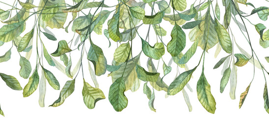 Long seamless banner header with hand painted watercolor green leaves. Botany illustration for designing greeting cards and wedding templates