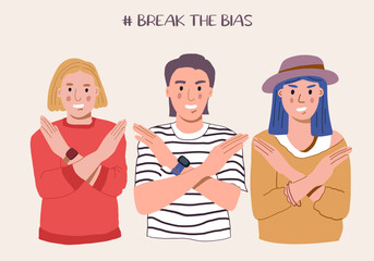 A group of women with their arms crossed. Break The Bias campaign. International Women's Day. Movement against discrimination and stereotypes. Flat vector