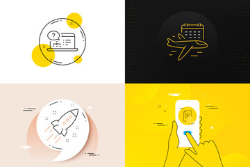 Minimal set of Select flight, Startup rocket and Instruction manual line icons. Phone screen, Quote banners. Online help icons. For web development. Vector