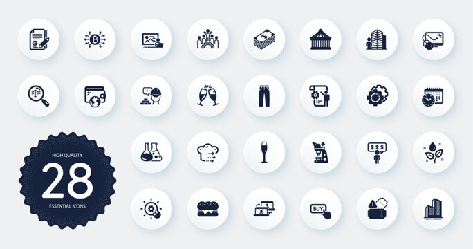 Set of Business icons, such as Copywriting, Employee benefits and Inclusion flat icons. Chemistry lab, Outsource work, Agent web elements. Bitcoin system, Settings blueprint. Circle buttons. Vector
