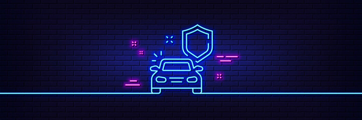 Neon light glow effect. Car secure line icon. Insurance shield sign. Safe defense symbol. 3d line neon glow icon. Brick wall banner. Car secure outline. Vector
