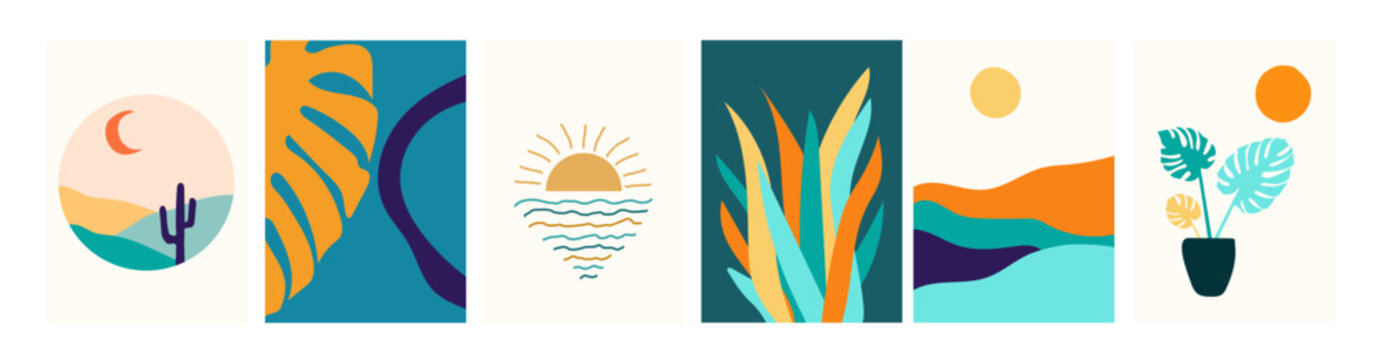 Collection of modern simple minimalist boho style abstracts: hills, mountains, sun and moon. Sunset or sunrise over water. Montera leaves and plant pot