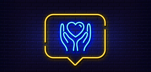 Neon light speech bubble. Hold heart line icon. Friends love sign. Friendship hand symbol. Neon light background. Hold heart glow line. Brick wall banner. Vector