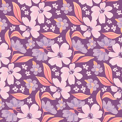 Fototapeta premium Seamless floral pattern, folk style ditsy print in purple colors. Cute botanical background design with small flowers, leaves in liberty composition. Vector illustration.