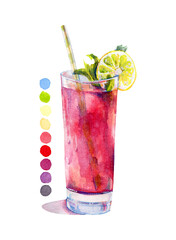 Lemonade with hibiscus syrup on a white background. Watercolor, colored pencils and gouache.