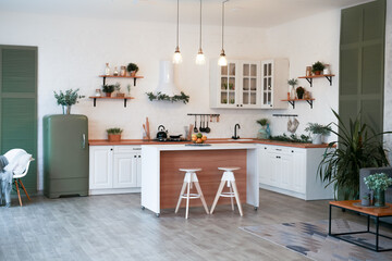 Modern Kitchen Interior with Island, Sink, Cabinets in New Luxury Home.