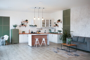 Modern Kitchen Interior with Island, Sink, Cabinets in New Luxury Home.