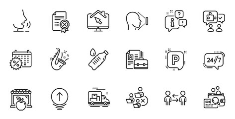 Outline set of Puzzle, Reject certificate and Vacancy line icons for web application. Talk, information, delivery truck outline icon. Include Market, Remove team, Jazz icons. Vector