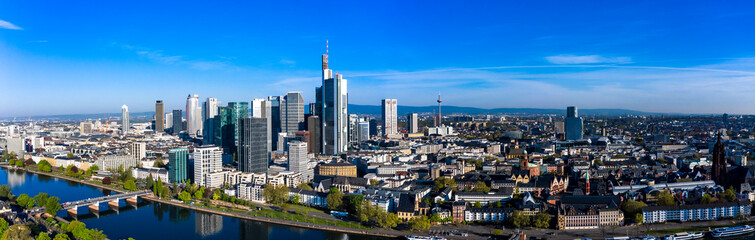 Fototapeta na wymiar Aerial view, Frankfurt, skyline, with skyscrapers, river Main, Hesse, Germany