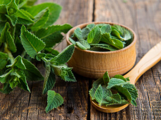 mint branches and a wooden bowl with a bunch of fresh mint on a wooden table. Healthy food concept.