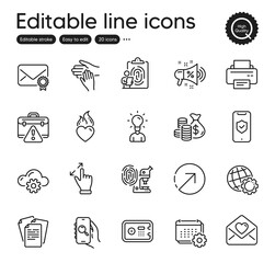 Fototapeta premium Set of Business outline icons. Contains icons as Sale megaphone, Warning briefcase and Calendar elements. Volunteer, Globe, Heart flame web signs. Phone protection, Love letter. Vector