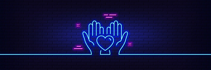 Neon light glow effect. Hold heart line icon. Friends love sign. Friendship hand symbol. 3d line neon glow icon. Brick wall banner. Hold heart outline. Vector