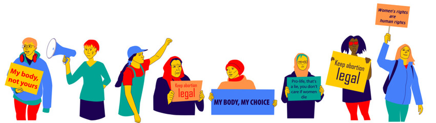 Women protest against abortion ban. Feminists fight for freedom, equality, human rights. Girls hold posters. Concept of female activism, abortion-rights movements. Flat design illustration, vector - obrazy, fototapety, plakaty