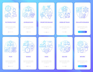 Supply chain priorities blue gradient onboarding mobile app screen set. Walkthrough 5 steps graphic instructions with linear concepts. UI, UX, GUI template. Myriad Pro-Bold, Regular fonts used