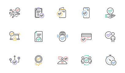 Approve line icons set. Accepted document, right choice, interviewed. Quality check, protection, checklist icons. Guarantee document, accepted card, approve verification. Flight confirmed. Vector